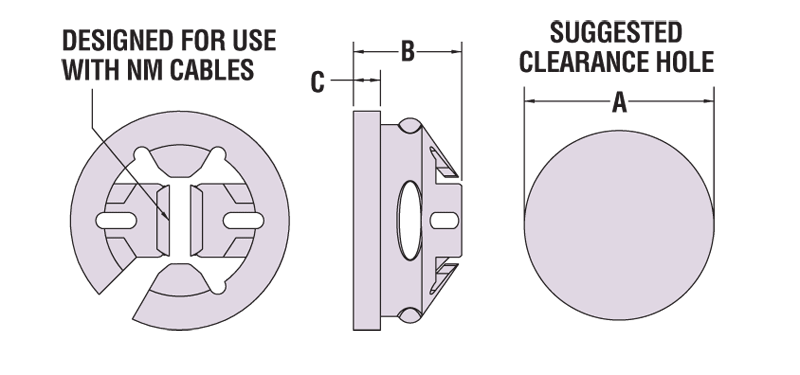 Romex® Nylon Snap-in Strain Relief Box Connectors Drawing